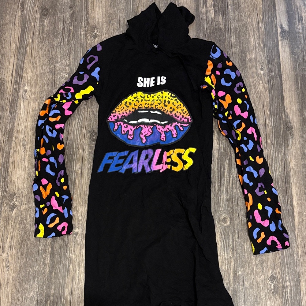 On Fire Black Graphic Ling Hoodie Tee with White Print